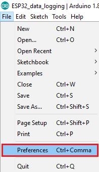 Arduino IDE File menu with Preferences highlighted