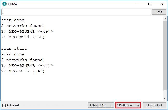 Serial Monitor showing scanned Wi-Fi networks