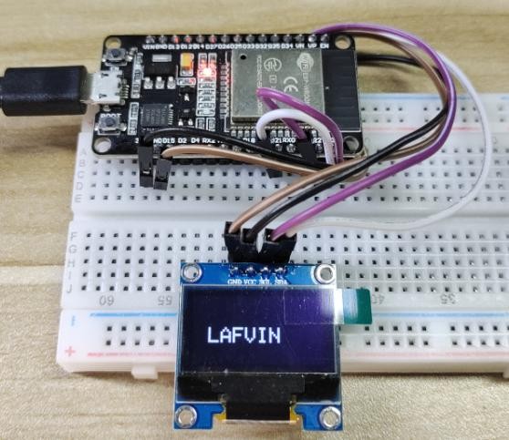 OLED showing LAFVIN on a breadboard