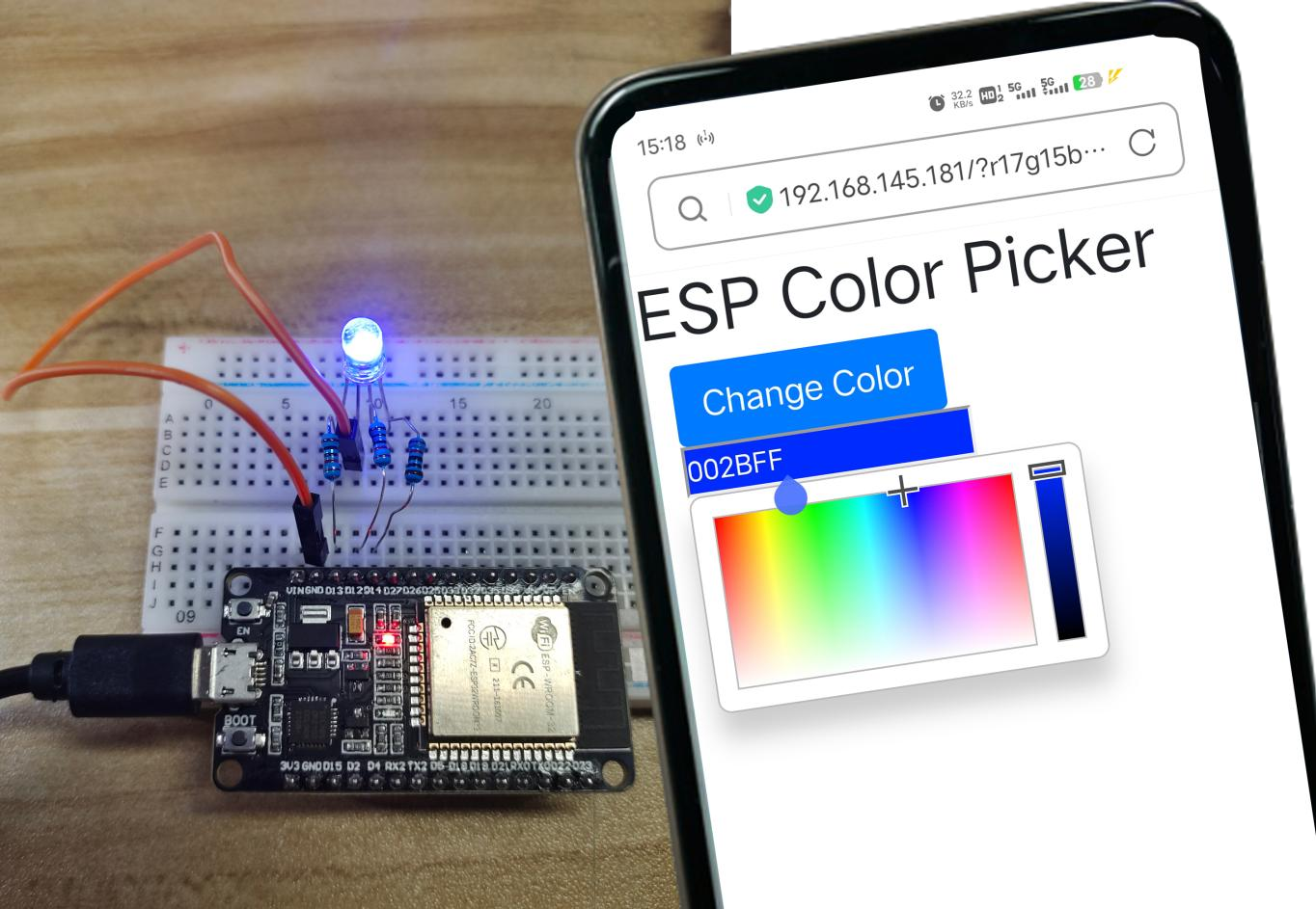 RGB LED lit blue with the color picker on a phone