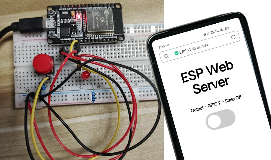 Breadboard LED and button with the web toggle on a phone