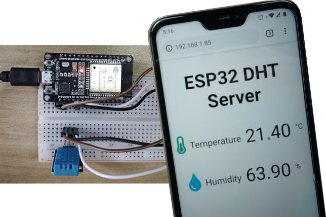 Phone showing the ESP32 DHT Server with temperature and humidity